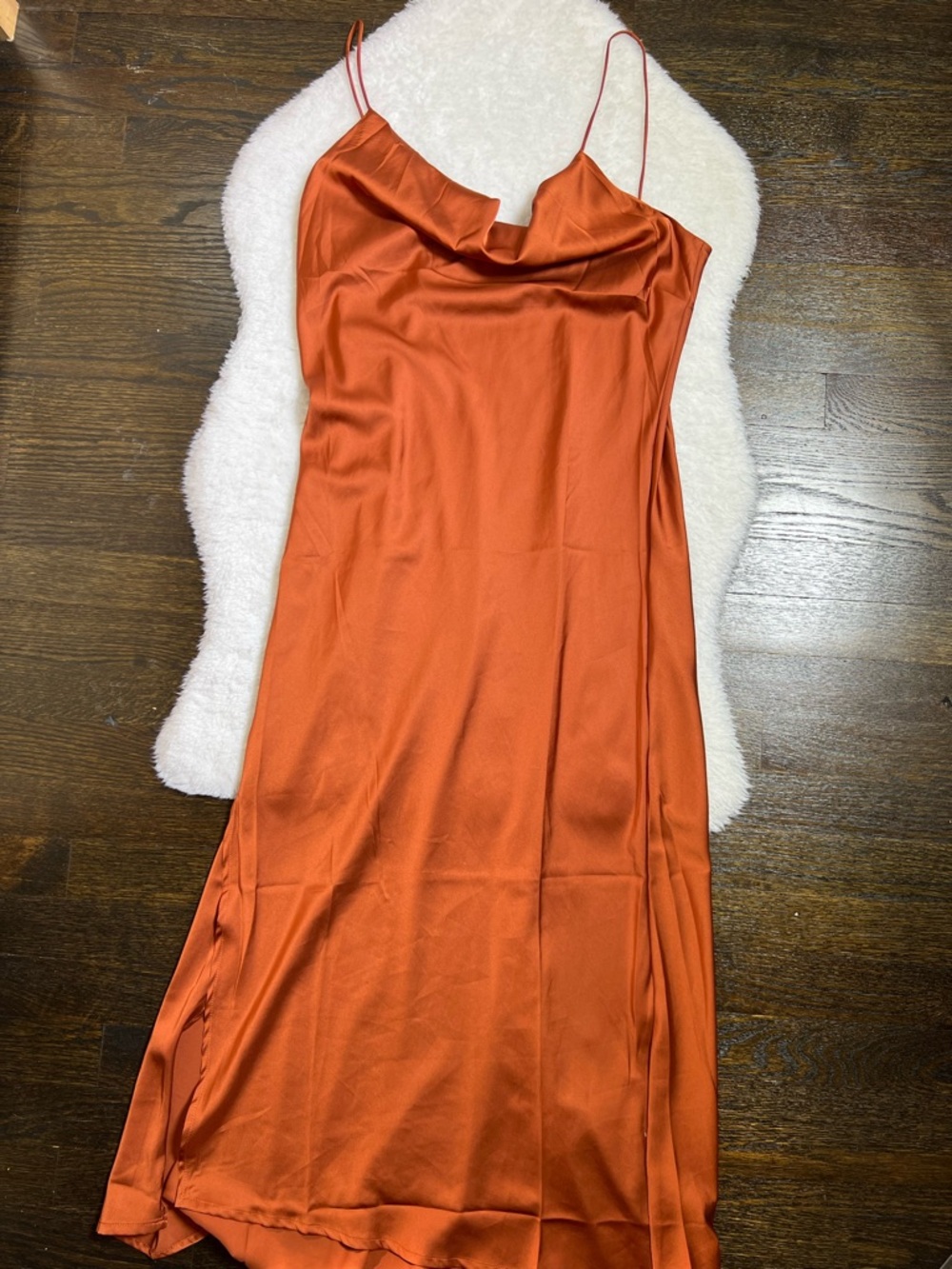Shein Burnt Orange Satin Cowl Neck Maxi Dress Side Slit Covered Buttons Large